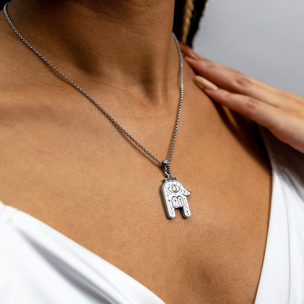 SUM of I Unisex Hamsa Necklace #color_silver and white