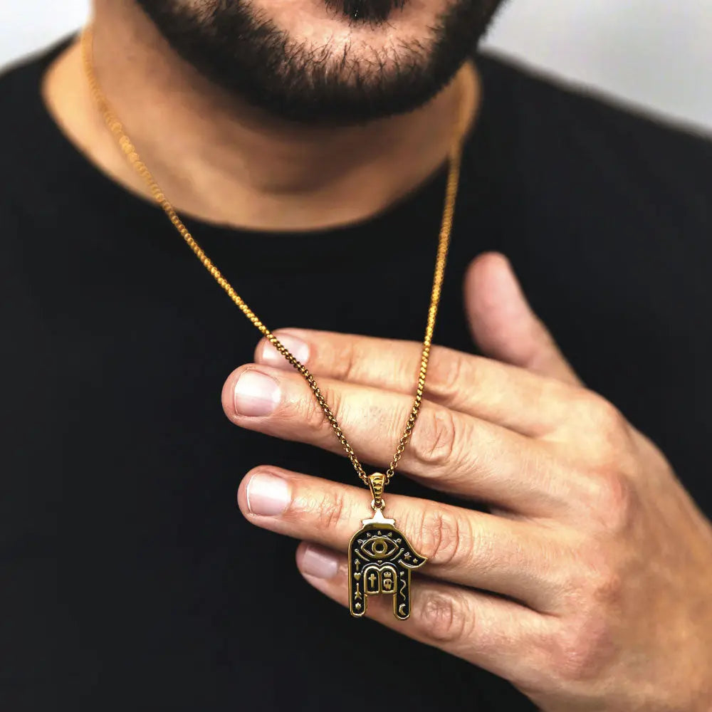 SUM of I Unisex Hamsa Necklace #color_gold and black