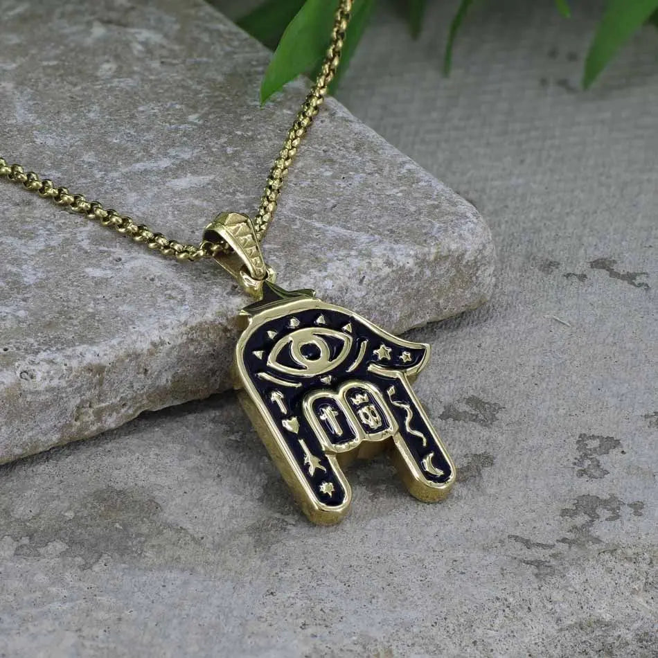 SUM of I Unisex Hamsa Necklace #color_gold and black