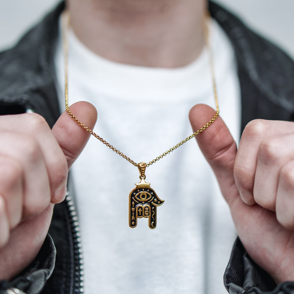 SUM of I Unisex Hamsa Necklace #color_gold and black